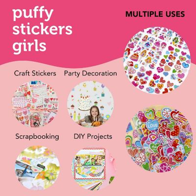 Incraftables Puffy Stickers for Girls 48 Sheets. Self Adhesive 3D Stickers for Toddlers w/ Hearts, Animals, Princesses, Cloths, Food, Emojis Image 2