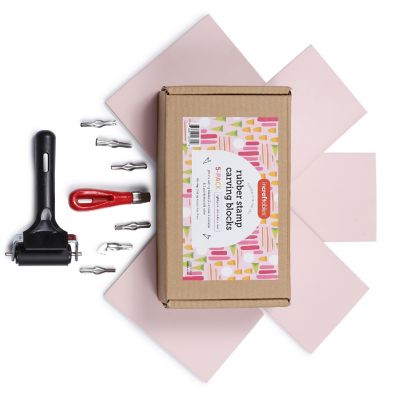 Incraftables Rubber Stamp Kit 5-Pack Linoleum Block Kit w/ Cutting Blades Tools 6pcs Block Printing Kit (6in x 4in x &#188; in) Light Pink Color Image 1