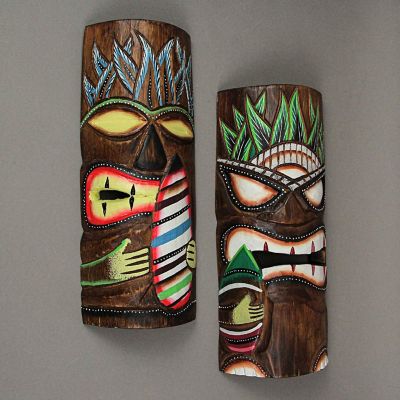 J.D. Yeatts 12 Inch Hand Carved Wooden Surfer Tiki Masks Wall Hanging Beach Home Decor Set Image 3