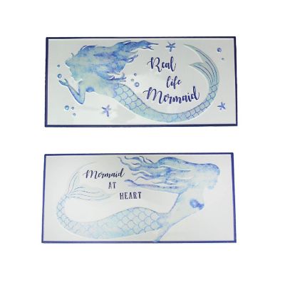 J.D. Yeatts Set of 2 Blue / White Enamelware Mermaid Themed Metal Wall Signs Coastal Decor Image 1