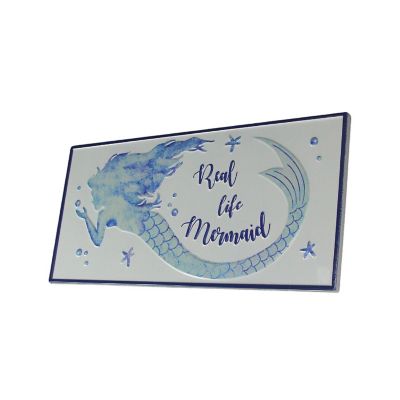 J.D. Yeatts Set of 2 Blue / White Enamelware Mermaid Themed Metal Wall Signs Coastal Decor Image 1