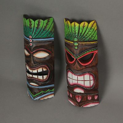 J.D. Yeatts Set of 2 Hand Carved Wooden Tiki Masks Blue & Green Flame Tropical Decor Art Image 1