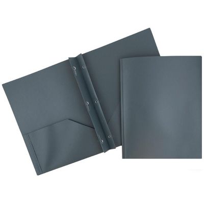 JAM PAPER Plastic Color POP Folders - 2 Pocket Durable Folders with Metal Prongs Fastener Clasps - Grey - 6/Pack Image 1