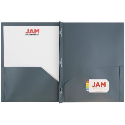 JAM PAPER Plastic Color POP Folders - 2 Pocket Durable Folders with Metal Prongs Fastener Clasps - Grey - 6/Pack Image 2