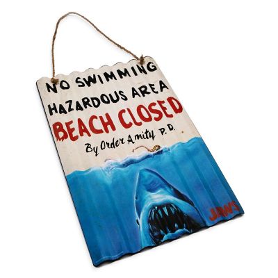 JAWS "Beach Closed" Corrugated Tin Sign  12 x 16 Inches Image 1