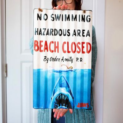 JAWS "Beach Closed" Corrugated Tin Sign  12 x 16 Inches Image 2