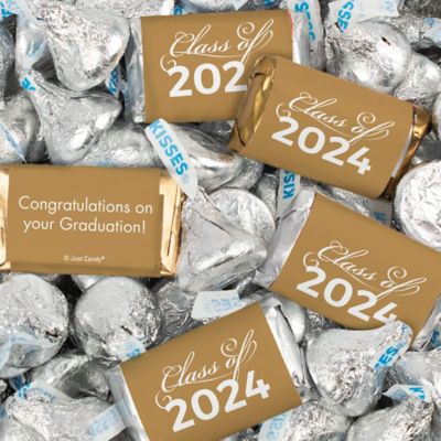 Just Candy 1.5 lbs Gold Graduation Candy Party Favors Class of 2024 Hershey's Miniatures & Silver Kisses (approx. 116 Pcs) Image 1