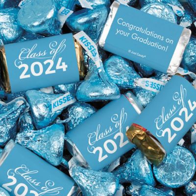 Just Candy 3.3 lbs Light Blue Graduation Candy Party Favors Class of 2024 Hershey's Miniatures & Light Blue Kisses (approx. 262 Pcs) Image 1