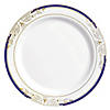 Kaya Collection 10.25" White with Blue and Gold Harmony Rim Plastic Dinner Plates (120 Plates) Image 1