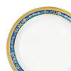 Kaya Collection 10.25" White with Blue and Gold Royal Rim Plastic Dinner Plates (120 Plates) Image 1