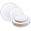 Kaya Collection 10.25" White with Silver Rim Organic Round Disposable Plastic Dinner Plates (120 Plates) Image 3