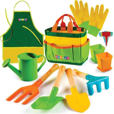 Kids Gardening Tool Set 12 PCS - Kids Gardening Tools with Shovel, Rake, Fork, Trowel, Apron, Gloves Watering Can and Tote Bag - Play22usa Image 1