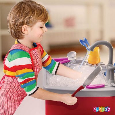 Kitchen Sink Toy 17 Set - Play Sink Pretend Toy With Running Water - Kids Toy Sink With Real Faucet & Drain, Dishes, Utensils & Stove Image 1