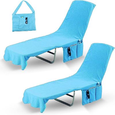 KOVOT Chaise Lounge Beach Chair Towel Cover with Pockets Light Blue 84 x 26 Inches 2 Pack Image 1