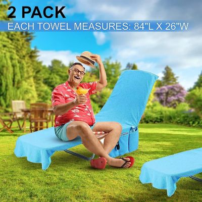 KOVOT Chaise Lounge Beach Chair Towel Cover with Pockets Light Blue 84 x 26 Inches 2 Pack Image 2