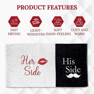 KOVOT Her Side His Side Towel with Mustache and Red Lips. for Mr. and Mrs. Beach or Bath, 30 inch x 56 inch Image 1