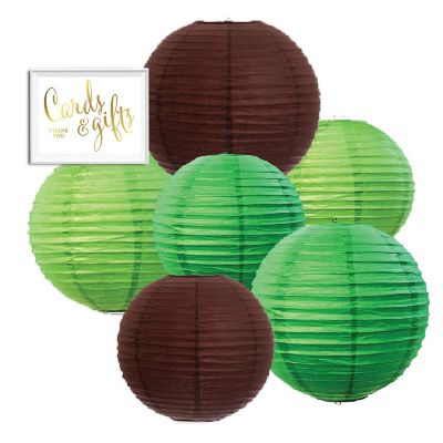 Koyal Wholesale Brown, Kiwi Green, Emerald Green Hanging Paper Lanterns Decorative Kit, 6-Pack with Free Gifts Party Sign Image 1