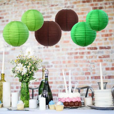 Koyal Wholesale Brown, Kiwi Green, Emerald Green Hanging Paper Lanterns Decorative Kit, 6-Pack with Free Gifts Party Sign Image 1