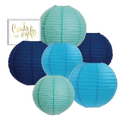 Koyal Wholesale Diamond Blue, Turqouise, Navy Blue Hanging Paper Lanterns Decorative Kit, 6-Pack with Free Party Sign Image 1