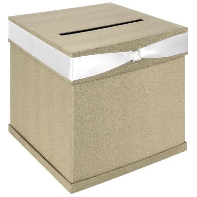 Koyal Wholesale Glitter Champagne Wedding Card Box with Slot, White Satin Ribbon and Rhinestone Buckle, 10" x 10" Holder Image 1