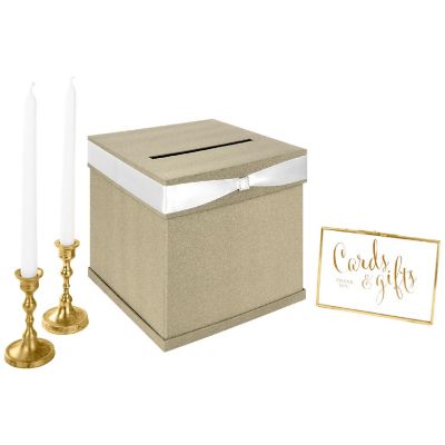 Koyal Wholesale Glitter Champagne Wedding Card Box with Slot, White Satin Ribbon and Rhinestone Buckle, 10" x 10" Holder Image 1