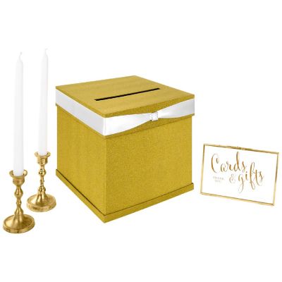 Koyal Wholesale Glitter Gold Wedding Card Box with Slot, White Satin Ribbon and Rhinestone Buckle, 10" x 10" Holder Image 1