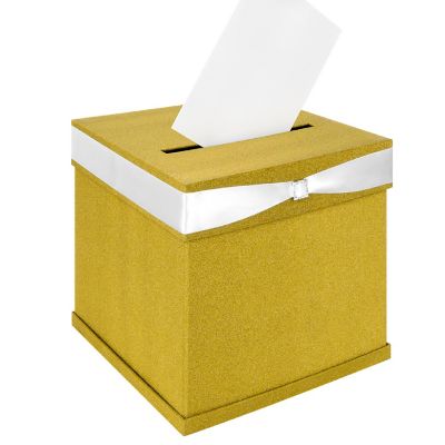 Koyal Wholesale Glitter Gold Wedding Card Box with Slot, White Satin Ribbon and Rhinestone Buckle, 10" x 10" Holder Image 3