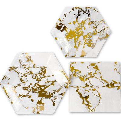 Koyal Wholesale Marble and Gold Foil Tableware Hexagon Party Tableware Kit, 50-Pack Image 1