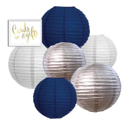 Koyal Wholesale Navy Blue, Silver, White Hanging Paper Lanterns Decorative Kit, 6-Pack with Free Gifts Table Party Sign Image 1