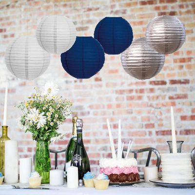 Koyal Wholesale Navy Blue, Silver, White Hanging Paper Lanterns Decorative Kit, 6-Pack with Free Gifts Table Party Sign Image 1