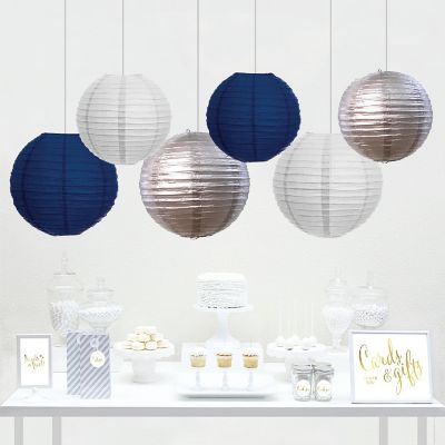 Koyal Wholesale Navy Blue, Silver, White Hanging Paper Lanterns Decorative Kit, 6-Pack with Free Gifts Table Party Sign Image 2