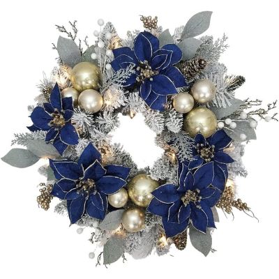 Kurt Adler Artificial Blue, Silver, and Gold Poinsettia Flocked Wreath Christmas Decoration, 24 Inches Image 1