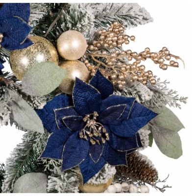 Kurt Adler Artificial Blue, Silver, and Gold Poinsettia Flocked Wreath Christmas Decoration, 24 Inches Image 1