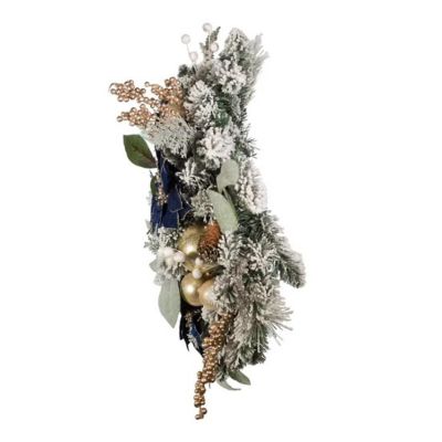 Kurt Adler Artificial Blue, Silver, and Gold Poinsettia Flocked Wreath Christmas Decoration, 24 Inches Image 3