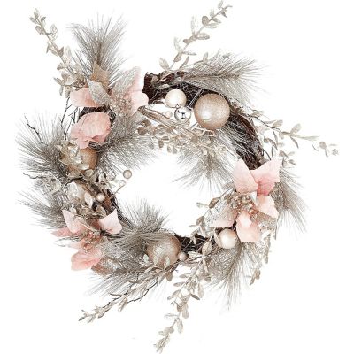 Kurt Adler Artificial ChampagneGold Wreath with Pink Poinsettias and Ornaments Christmas Decoration, 20 Inches Image 1