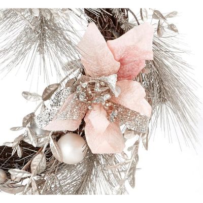 Kurt Adler Artificial ChampagneGold Wreath with Pink Poinsettias and Ornaments Christmas Decoration, 20 Inches Image 2