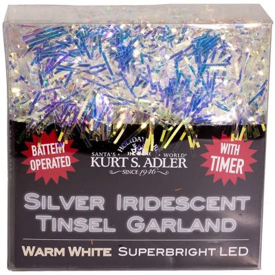 Kurt Adler B O Warm White LED Silver Iricescent Tinsel Garland, 20 Lights Image 1
