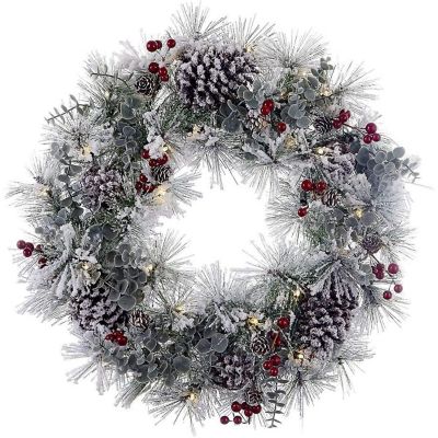 Kurt Adler Battery-Operated Artificial Pre-Lit LED Flocked Red Berries and Pinecones Wreath Christmas Decoration, White, 24 Inches Image 1