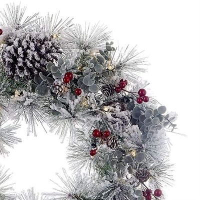 Kurt Adler Battery-Operated Artificial Pre-Lit LED Flocked Red Berries and Pinecones Wreath Christmas Decoration, White, 24 Inches Image 1