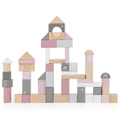 Label Label: 50Pc Wooden Blocks Set - Pink, Stacking Toy, Ages 2+ Image 1
