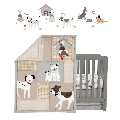 Lambs & Ivy Bow Wow Gray/Tan Dog/Puppy Nursery 4-Piece Baby Crib Bedding Set Image 1