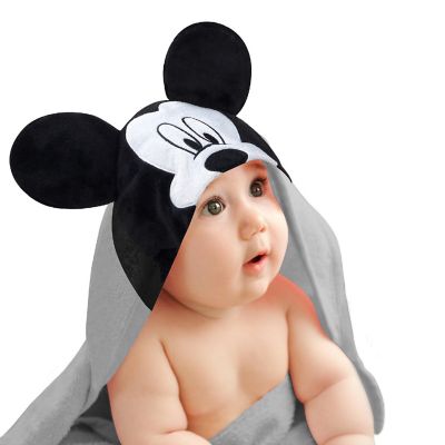 Lambs & Ivy Disney Baby Mickey Mouse Gray Cotton Hooded Baby Bath Towel Image 1