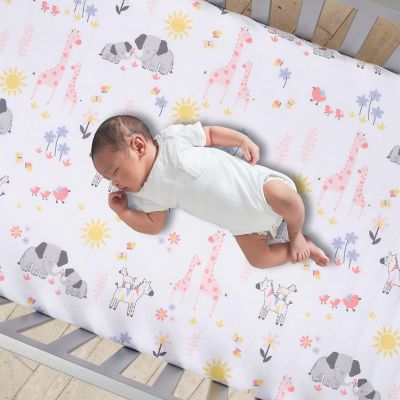 Lambs & Ivy Jazzy Jungle 100% Cotton Safari Baby Fitted Crib Sheet - White Image 1