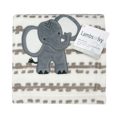 Lambs & Ivy Jungle Safari White/Tan Plush Minky Elephant Nursery Baby Blanket Image 1