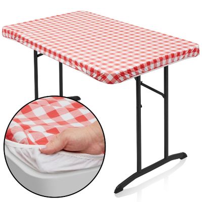 Lann's Linens 48'' x 30'' Red Checkered Vinyl Tablecloth with Flannel Backing - Waterproof Image 1