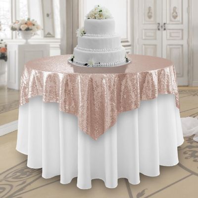 Lann's Linens 50x50 Rose Gold Sequin Sparkly Table Overlay Tablecloth Cover Wedding Party Image 1