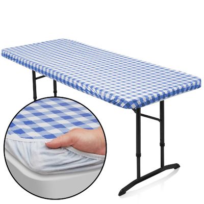 Lann's Linens 72'' x 30'' Blue Checkered Vinyl Tablecloth with Flannel Backing - Waterproof Image 1