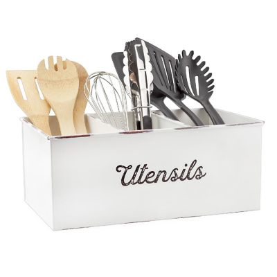 Large Enamelware Utensil Holder, White Rustic Farmhouse Caddy / Flatware Storage Image 1