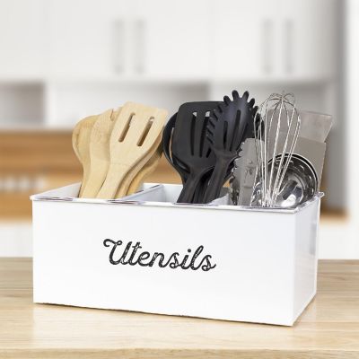 Large Enamelware Utensil Holder, White Rustic Farmhouse Caddy / Flatware Storage Image 1