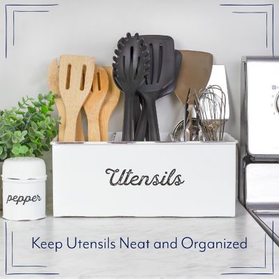 Large Enamelware Utensil Holder, White Rustic Farmhouse Caddy / Flatware Storage Image 2